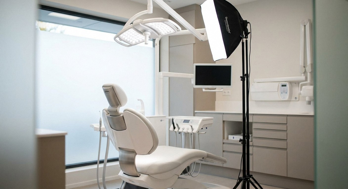 A bright, clean modern dental clinic room focusing on an empty examination chair and professional lighting equipment