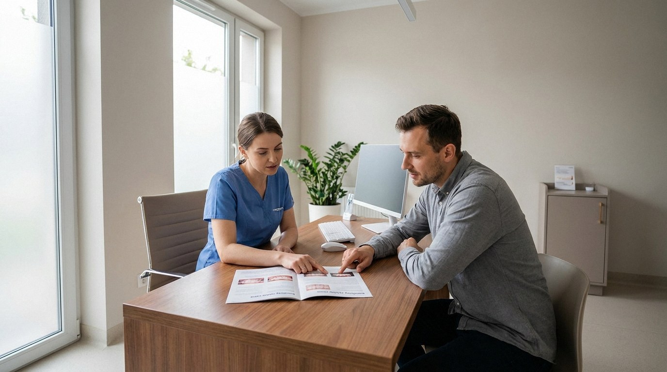 Wide context view establishing a dental consultation office. A dentist and a patient sitting across a sleek desk